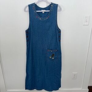 Vintage Christopher & Banks Sleeveless Denim Dress Fall Autumn Embroidered M